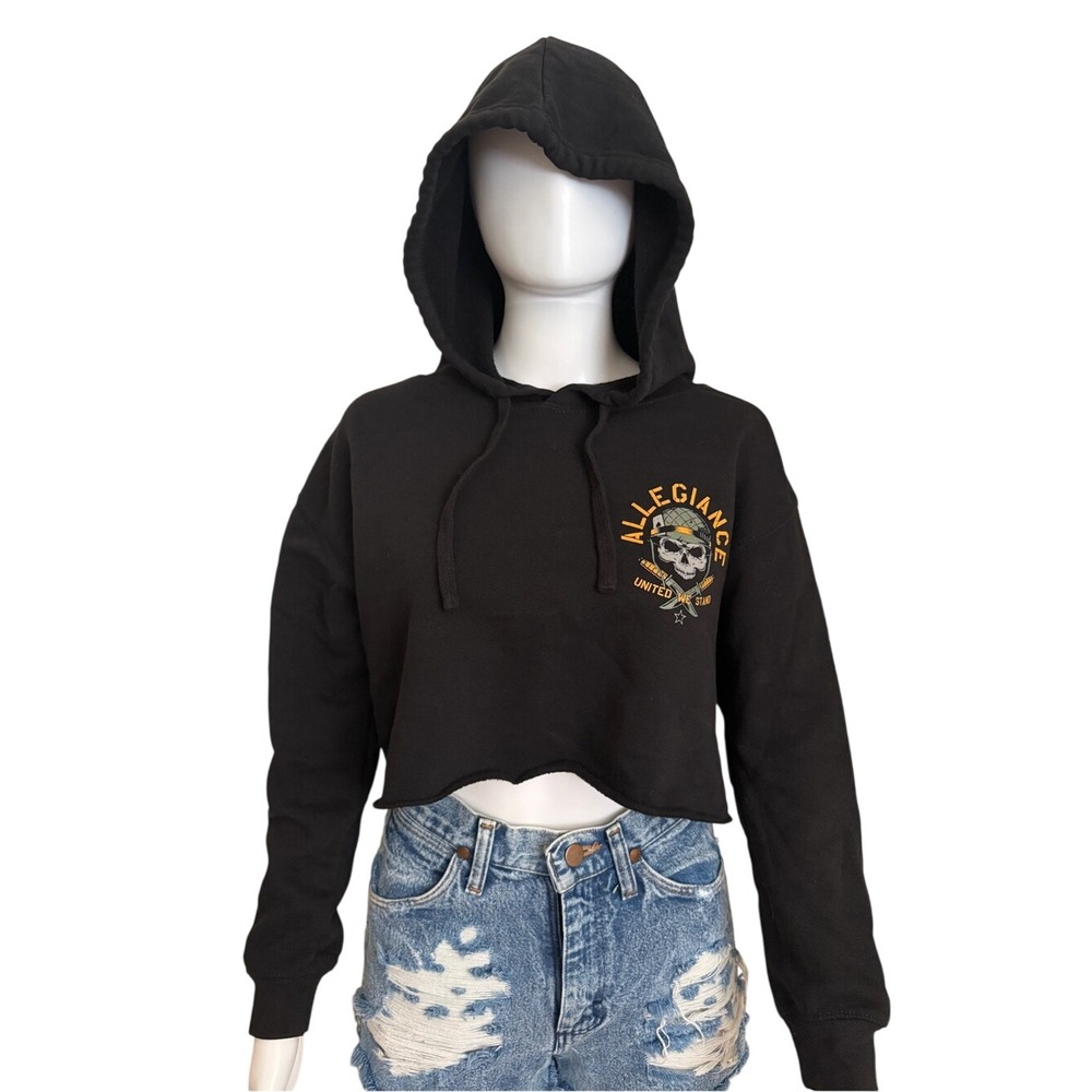 ALLEGIANCE United We Stand Black Cropped Hooded Pullover Sweater Size XS